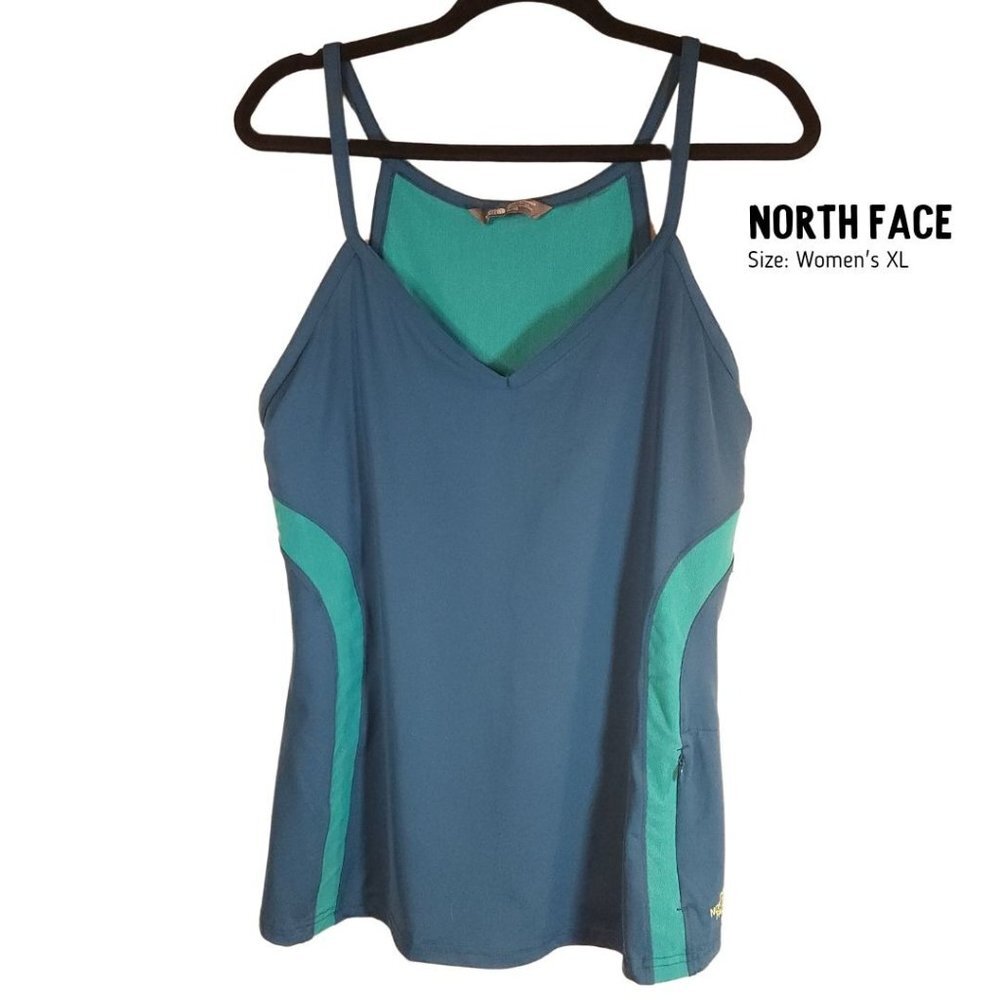 North Face Athletic Tank Top Teal Blue Zip Pocket Racerback Built in Bra